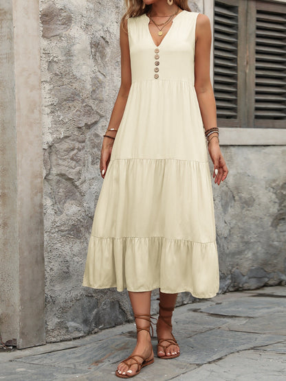 Decorative Button Notched Sleeveless Dress